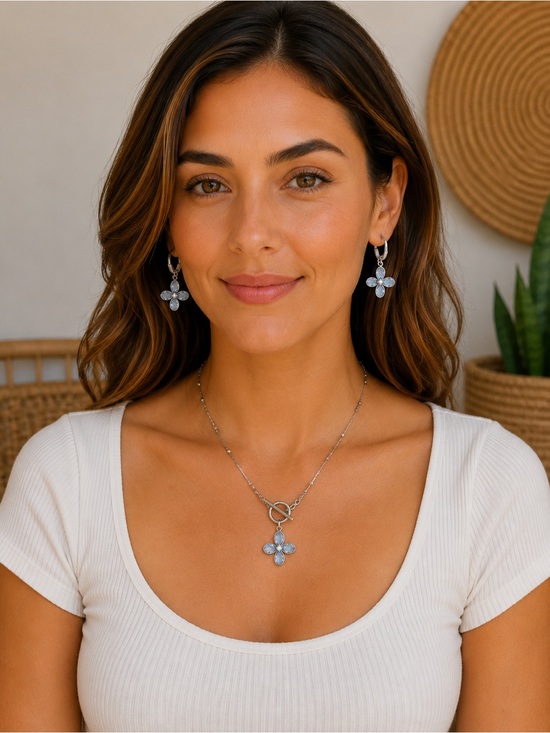 None Jewelry - Vintage BLUE Crystal Flower Necklace Dangle and Pierced Earrings